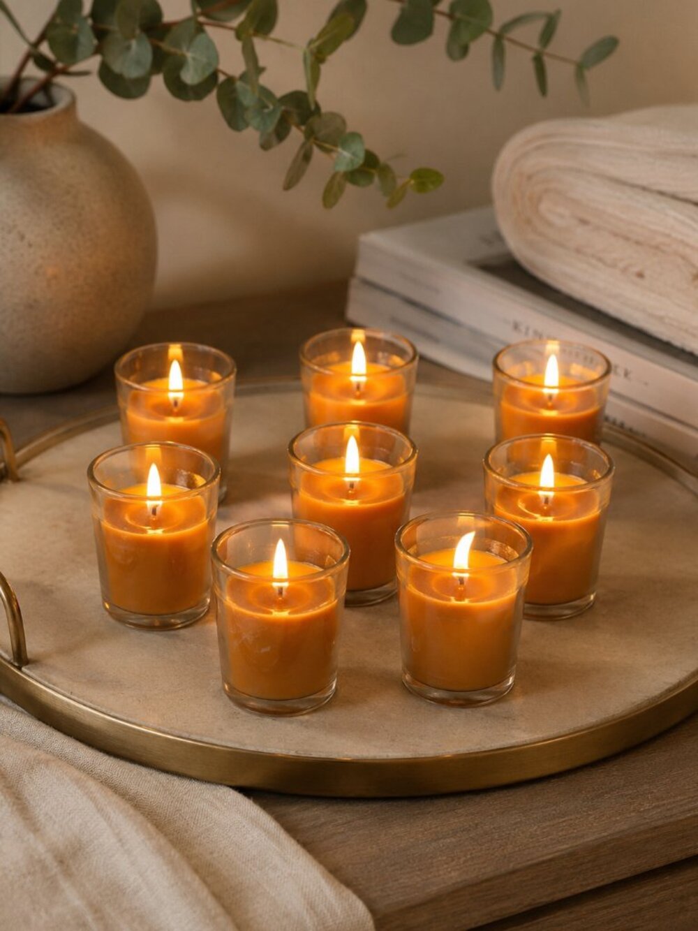 Set of 8 Orange Votive Candles in Glass Holders